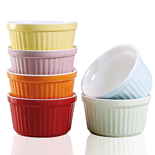 Ramekins 6oz Oven Safe,Creme Brulee Ramekin and Souffle Dishes,Porcelain Baking Bowls,Dipping Sauce Dish.Pudding Cups,Set of 6,Colorful. - color: Colorful