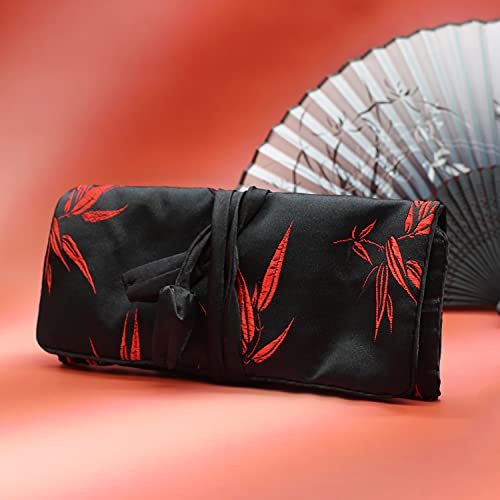 Wei Long Jewelry Roll, Travel Jewelry Roll Bag, Silk Embroidery Brocade Jewelry Organizer Case with Tie Close (Bamboo, Black) - color: Bamboo-Black