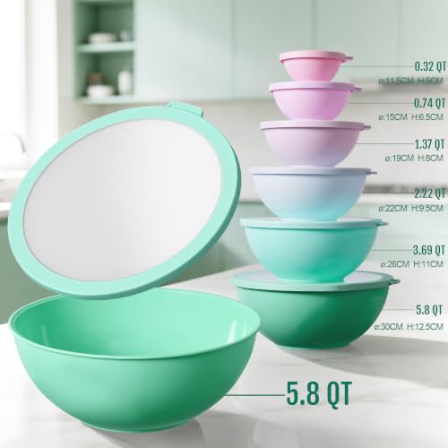 BoxedHome 12 Piece Plastic Mixing Bowls with Lids Set - Leak-Proof Microwave & Dishwasher Safe, BPA Free Nesting bowl for food prep, serving, and storage (Green/Pink) - color: Green / Pink TPR