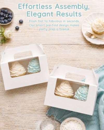 qiqee Cupcake Box Two Holder 6.5x3.6x3.5inch(2.2" Top) 50pcs White 2 Cupcake Boxes With Window - color: White, size: 50Pcs, Two Holder