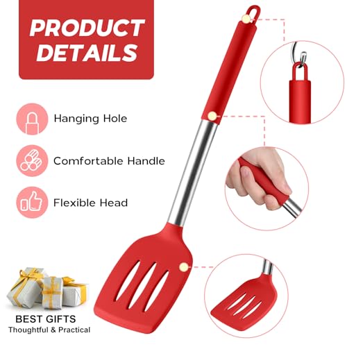 Onader 10 Pieces Silicone Kitchen Utensils Set, Cooking Utensils with Holder and Heat Resistant Stainless Steel Handle for Nonstick Cookware -Red - color: Red