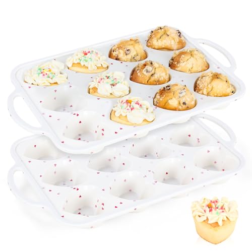 Vinino Silicone Heart Shaped Muffin Pan with Metal Reinforced Frame, 2 Pack Cupcake Pan, Silicone Heart Mold for Baking, Chocolate Bar and Egg Bites, Dishwasher Safe - size: Heart