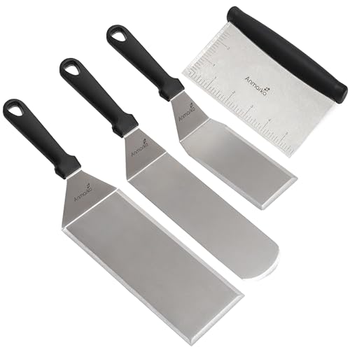 Metal Spatula Griddle Accessories Set - Griddle Scraper Flat Spatula Pancake Flipper Hamburger Turner - Metal Utensil great for BBQ Grill Flat Top Cast Iron Griddle - Commercial Grade - color: Plastic handle set