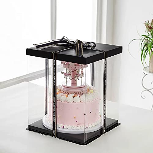 XININSUN 2Pcs Large Cake PET Clear Box, 10" X 10" X 9" with ribbon and pre-folded lid, for 8" cake packing carry, baking cookie display, Carry Tall Layer Gift, Festive Gift Box -Black - color: Black