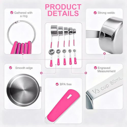 Bopei 10-Pcs Stainless Steel Measuring Cups & Spoons Set, Pink Handles - color: Pink