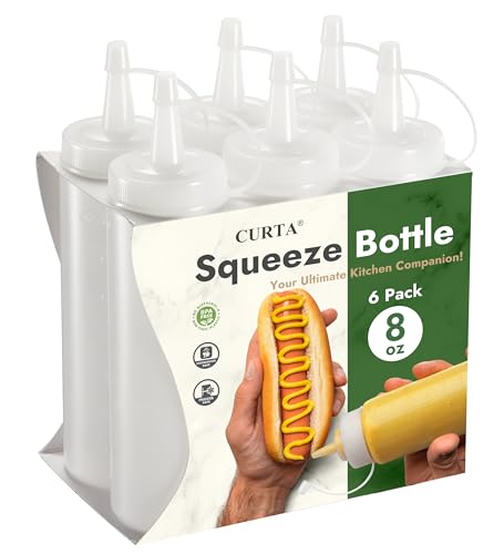 CURTA 6-Pack 8 oz Clear Condiment Squeeze Bottles, Single-Nozzle Caps