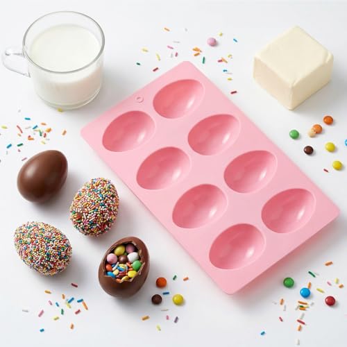 1 Pack Silicone Egg Molds 8 Cavity Easter Silicone Candy Mold 3D Egg-Shaped Silicone Baking Mold for Chocolate, Jello, Mini Cakes, DIY Desserts, Candy, Ice, Pudding, Baking (1, Pink) - color: Pink