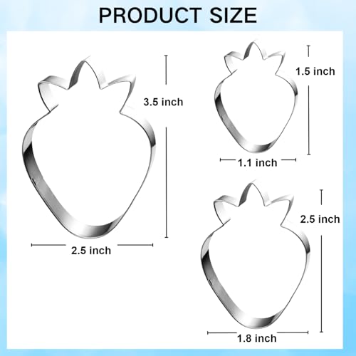 3 Pc Strawberry Cookie Cutter Set, 3.5" 2.5" 1.5", Dishwasher-Safe