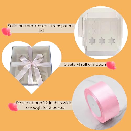 STVIRPOW 5-Pack Cupcake Box Combo with Full Clear Lid and 1.2 wide ribbon1 Small Cake and 5 Cupcakes Storage Container, Ribbon and Stickers for Birthday Party, Mother's Day(Pink ribbon)