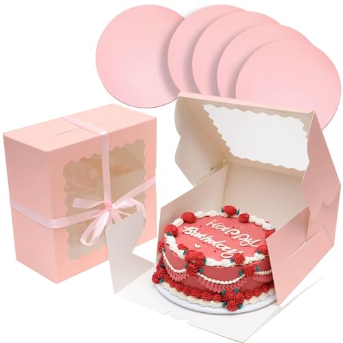 Bakepacker 10"x10"x5" Pink Cake Boxes with Window, 18 Sets - color: Pink, 10"x10"x5", 18Pcs