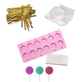 12 Capacity Silicone Lollipop Molds,Chocolate Hard Candy Mold with 50pcs 4 inch Lollypop sucker sticks,Candy Treat Bags,gold ties. (Round pink) - style: Round Pink