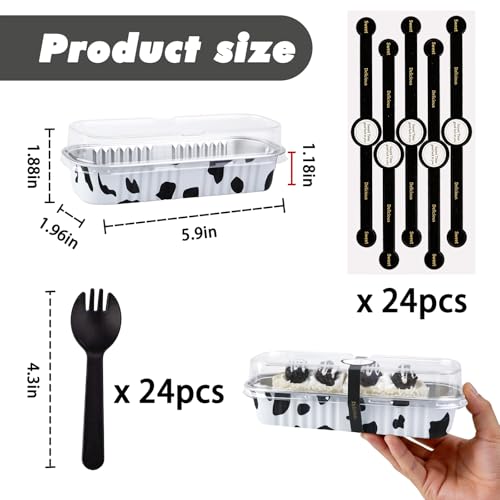 24 Pack Mini Loaf Pans, 7.5oz Mini Cake Pan & Mini Cupcake Pan Set – Disposable Aluminum Baking Pans with Lids, Spoons & Stickers, Premium Sturdy Gift Set for Cakes, Cupcakes, Desserts & Party Treats - color: Cow