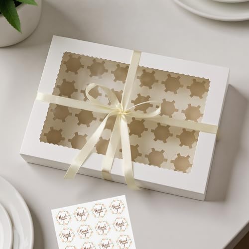 MUMULULU 6PCS Mini Cupcake Box Holds 24 Mini Cupcakes White Bakery Boxes with Window Silk Ribbon Sticker included