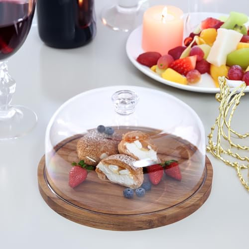 LiTY Cake Stand with Lid, Acacia Wood 12in Round Cake Holder, 2-in-1 Dessert Table Display Set & Charcuterie Board for Cheese, Chips & Dips, Nachos, Fruit Platter, Large Acrylic Cake Dome Cover