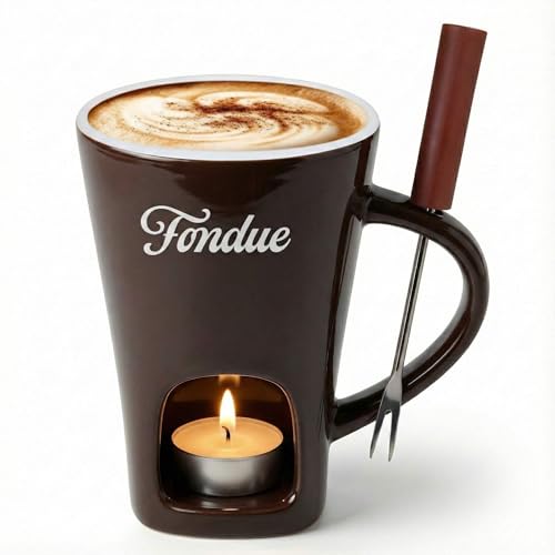 Brown Chocolate Fondue Mug with Tealight & Fork – Ceramic Single-Serve Fondue Cup for Chocolate & Cheese Dipping - color: Brown