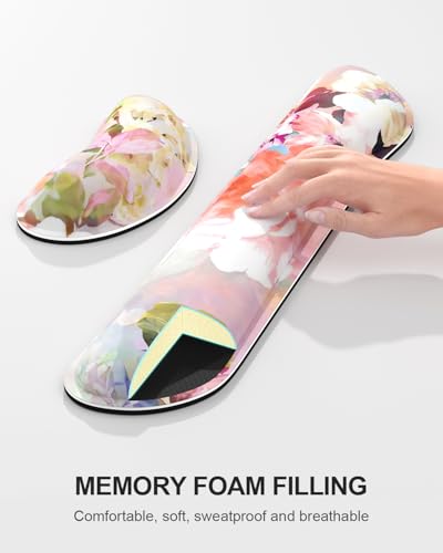 Large Mouse Pad with Wrist Rests for Keyboard & Mouse, Thick Soft Ergonomic Memory Foam Wrist Supports, Big & Long Desk Mat 35.5 x 15.7 in, for Office Gaming Computer, Pink Flowers - color: Watercolor Pink Flowers