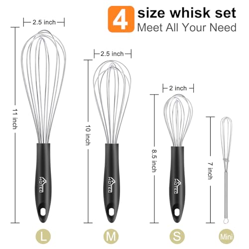 HOTEC 4Pcs Silicone Whisk Set, Wire Balloon Whisks for Cooking Egg Beater - color: 4pcs: Silver 6.7"+9.3"+10.4"+12"