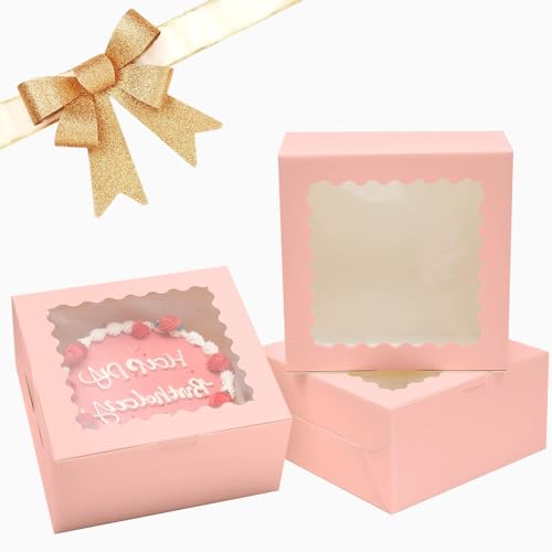Bakepacker 10"x10"x5" Pink Cake Boxes with Window, 18 Sets - color: Pink, 10"x10"x5", 18Pcs