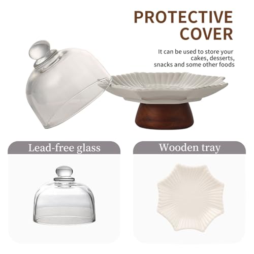 2 Pack 5.2 in Mini Ceramic Cake Stands with Glass Dome Covers, White Pedestal Dessert Display Plates with Acacia Wood Feet for Macarons, Cupcakes, Candy, Cheese and Tea Parties - color: Two 5.2-inch mini ceramic dessert cups