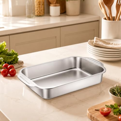 2 Pack 9 x 13 Inch Baking Pan with Handle Stainless Steel 3 Inch Deep Rectangular Cake Pan for Casseroles, Brownies & Roasting, Rectangle Baking Bakeware for Bakings Roasting Toaster Oven