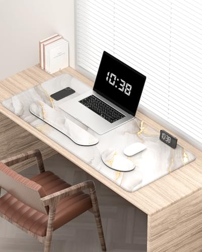 Large Mouse Pad with Wrist Rests for Keyboard & Mouse, Thick Soft Ergonomic Memory Foam Wrist Supports, Big & Long Desk Mat 35.5 x 15.7 in, for Office Gaming Computer, White Gold Marble - color: White Gold Gray Marble