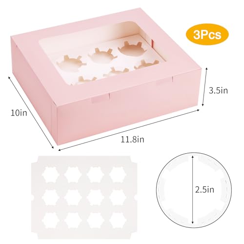 Moretoes 3PCS Pink Cupcake Boxes with Window(12 Count Cupcake Containers) - color: Pink