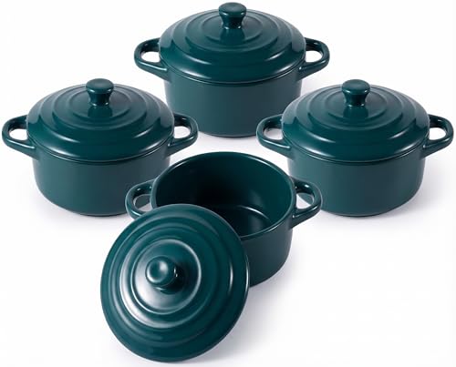 4 Pack Mini Cocotte Set, 16 oz Small Durable Soup Pot, Dark Green