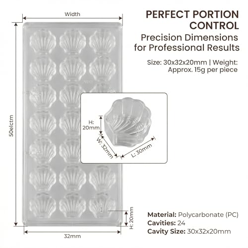 24 Cavity Scalloped Shell Polycarbonate Chocolate Mold, 15g Professional PC Candy Mould for Praline Bonbon Confectionery Baking