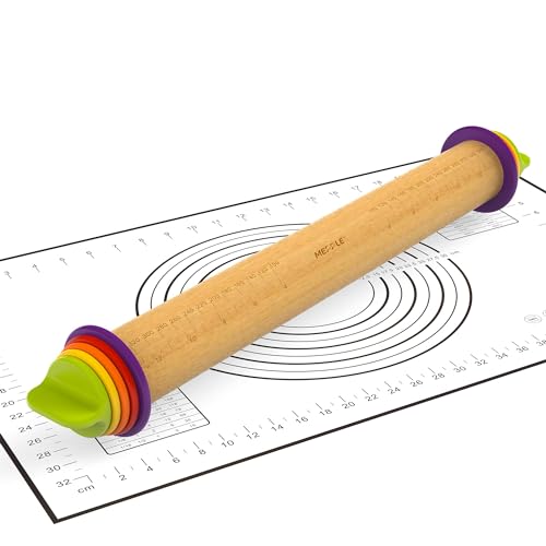 Rolling Pin with Thickness Rings,13.6''Dough Roller & Mat Fits Baking Dough - color: Wood
