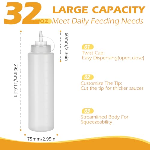 6 Pack 32 oz Condiment Squeeze Bottles, Leak Proof BPA-Free Plastic Squirt Bottles with Caps, Refillable Sauce Dispenser for Ketchup, Syrup, Oil, BBQ, Salad Dressing, Easy to Fill & Clean - color: 6Pack, size: 32 Ounces