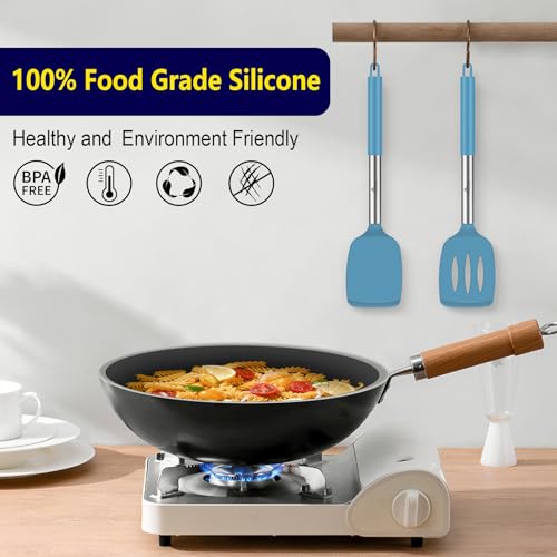 HOTEC Silicone Spatula Set of 2 Heat-Resistant 600°F & BPA-Free Kitchen SaptulaTurner with Stainless Steel Handles, Slotted & Solid Spatulas for Nonstick Cookware, 13.7 Inch, Blue - color: Blue