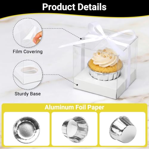 EUSOAR Cupcake Boxes Individual with Silver Cupcake Liners, 50pcs 3.5 Inch Cupcakes Holder and 50pcs 3.5oz Muffin Cups, Dessert Pastry Box Disposable Cupcakes Carrier for Wedding Party Favor Bakery - color: White/Silver