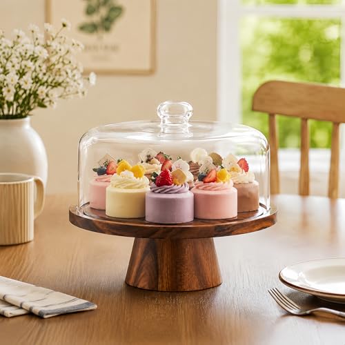 Acacia Wood Cake Stand with Lid - 12 Inch Magnetic Detachable Cake Stand with Dome, Shatterproof Acrylic Cover, Versatile Cake Holder & Charcuterie Board for Parties, Dessert Table Display