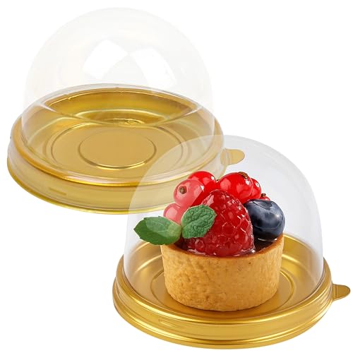 100pcs Mini Flan Containers with Lids, 2.4 in Chocoflanes Bases, Clear Plastic Cake Holder/Box, Round Dome for MINI Cupcake, Dessert, Strawberry, Treats, Gift, Cookies, Mooncake, Muffin, Weddings