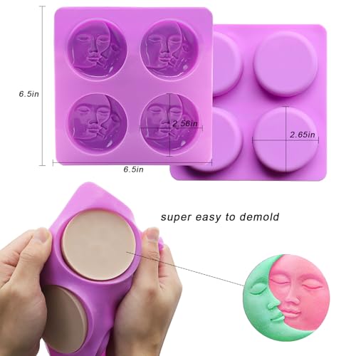 Sun and Moon Silicone Soap Molds 4 Cavity Crescent Moon Face Silicone Soap Mold Bath Bomb Molds for Homemade Lotion Bar Polymer Clay DIY Candle Resin Making Wax Candy Chocolate - color: Purple