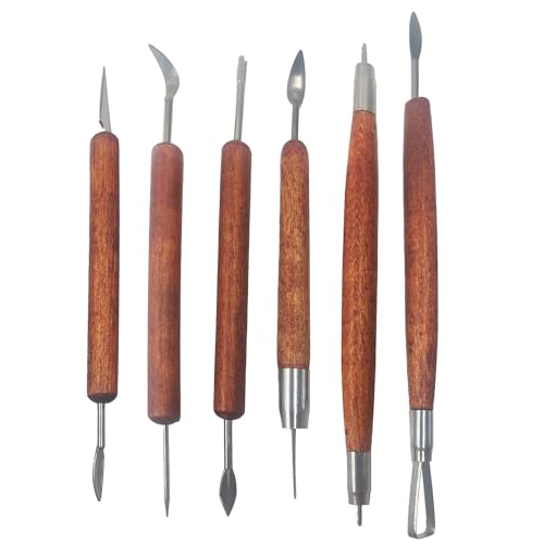 AUXBC 6Pcs Double-Sided Pottery & Clay Sculpting Tools Set, Smooth Wooden Handles Sculpting Polymer Tools for Embossing, Carving, Modeling with Polymer Clay, Fondant, Dough