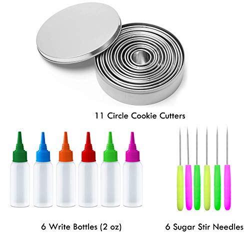 Artcome Christmas Series Cookie Decorating Tool Set, 11 Pcs Circle Cookie Cutters, 6 Pcs Easy Squeeze Write Bottles and 6 Pcs Sugar Stir Needles for DIY Decorating Cookies and Cakes