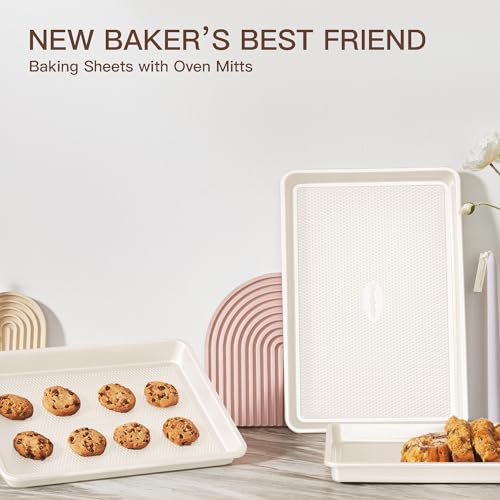 HONGBAKE 3 Pack Nonstick Ceramic Baking Sheet Pan Set for Oven, Non-Toxic Half/Quarter/Jelly Roll Pans with Diamond Texture, 0.8mm Aluminized Steel Cookie Trays for Cooking, Cream - color: Ceramic Cream(0.8mm Aluminized Steel & Ceramic Coating)