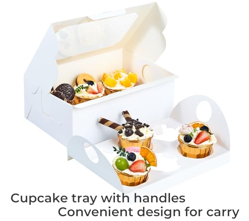 UnicoPak 20 Pack White Cupcake Boxes with Handle Tray - 4" Tall Large Muffin Boxes for 6 Cupcakes - Professional Food-Grade Cardboard Window Boxes for High Frosting, Toppers & Jumbo Treats - color: 20 pack white