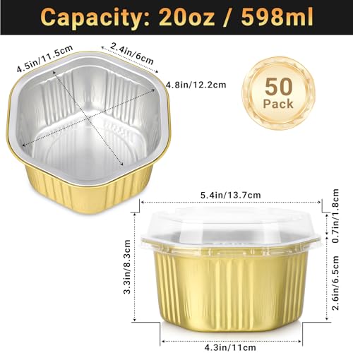 Beasea Disposable Baking Cups with Lids, 50 Pack 20oz 598ml Aluminum Foil Ramekins Pans Hexagon Individual Cupcake Desserts Containers Creme Brulee Pudding Souffle Oven Tins for Party - Gold - color: Gold, size: 20oz