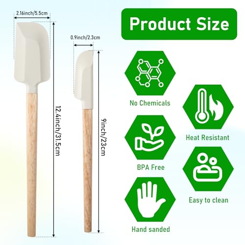 Ptwola 2 Pcs Wooden Handle Spatula Set White Silicone Spatulas Small Scraper Rubber Kitchen Utensil for Chefs Professional Baking Cooking Mixing Jar Bowl Frosting Dishwasher Safe Use
