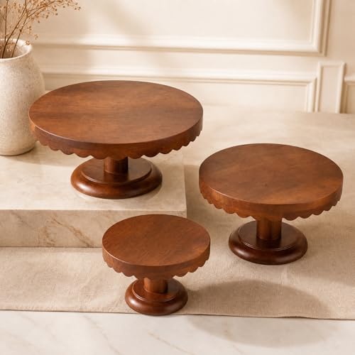 LemonRoad 3 Pcs Scalloped Wooden Cake Stand Set Rustic Cupcake Stand, Wood