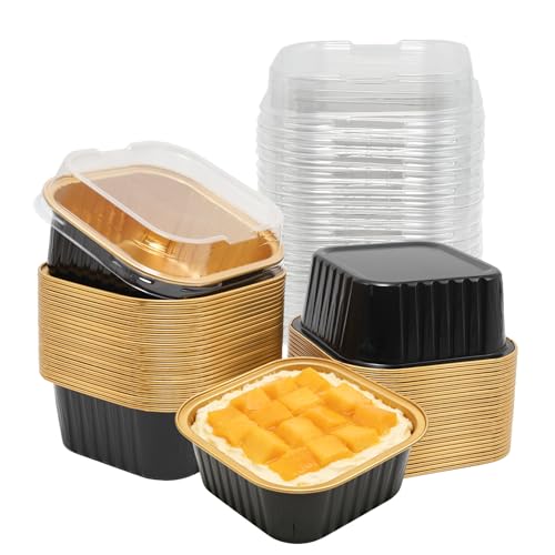 50 Pack 5oz Mini Square Cake Pans with Lids, Black Gold - color: Black/Gold, size: Square
