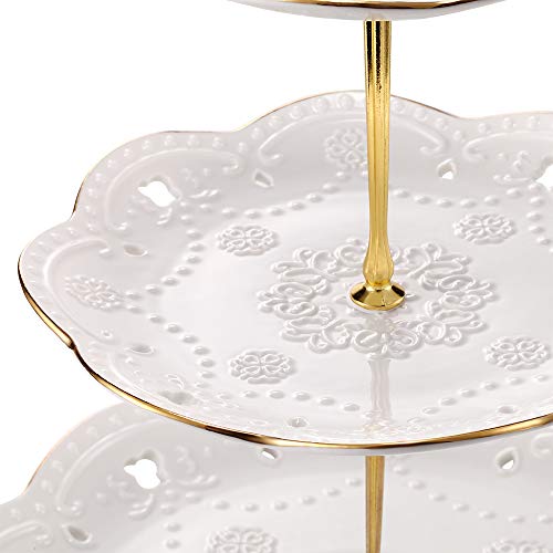 3-Tier Porcelain Embossed Cupcake Stand - Pure White Rimmed with Gold Dessert Cake Stand - Pastry Serving Tray Platter for Tea Party, Wedding and Birthday