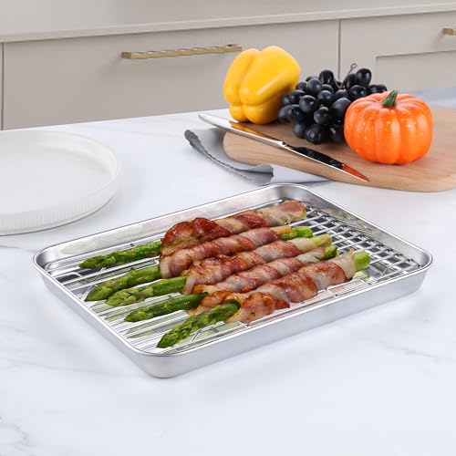 Homikit 10x8 Inch Small Stainless Steel Baking Sheet with Cooling Rack Set - size: 10.4x8.1x1