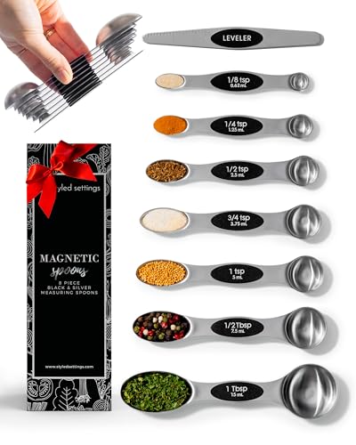 Styled Settings Stainless Steel Magnetic Measuring Spoons Set with Leveler - color: Black & Silver