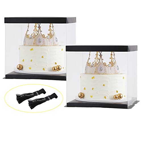 XININSUN 2Pcs Large Cake PET Clear Box, 10" X 10" X 9" with ribbon and pre-folded lid, for 8" cake packing carry, baking cookie display, Carry Tall Layer Gift, Festive Gift Box -Black - color: Black