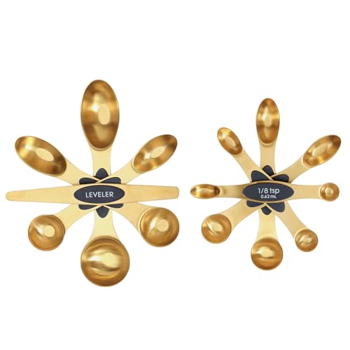 Magnetic Measuring Spoons Set, Stainless Steel, Dual Sided, Stackable, Dual Sided for Measuring Dry and Liquid Ingredients, Fits in Spice Jars, Set of 8（Gold ）