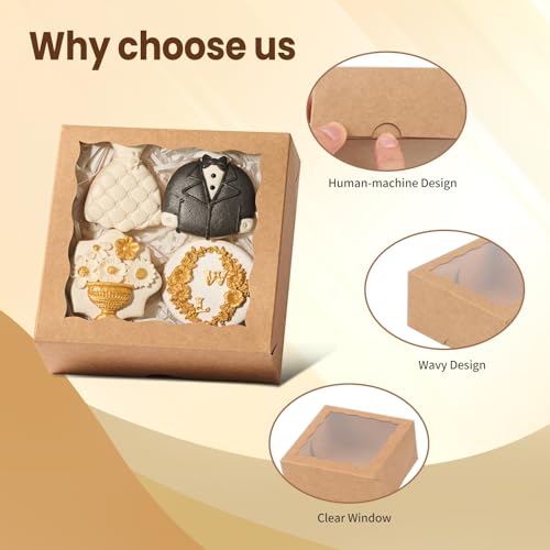 20 Pack 6x6x2.5 Inch Brown Pastries Boxes with Window for Cookie, Cake, Macaron, Pie, Bath Bombs,Chocolate Covered Strawberries & More - color: Brown