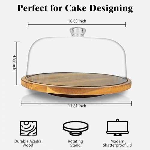 cutesun Cake Stand with Lid, Clear Acrylic Dome, Rotating Acacia Wood
